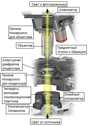 Конфигурация ДИК-микроскопа с компенсатором Сенармона